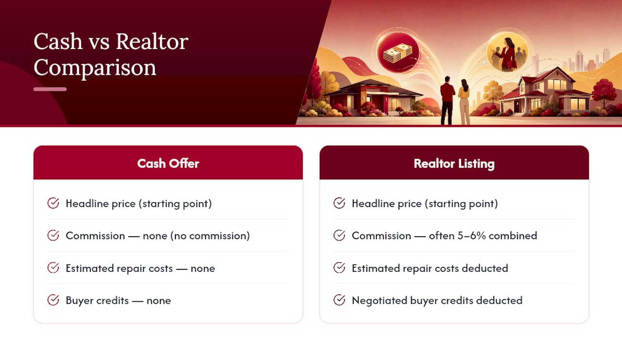 Cost and proceeds comparison chart of cash offer versus realtor listing